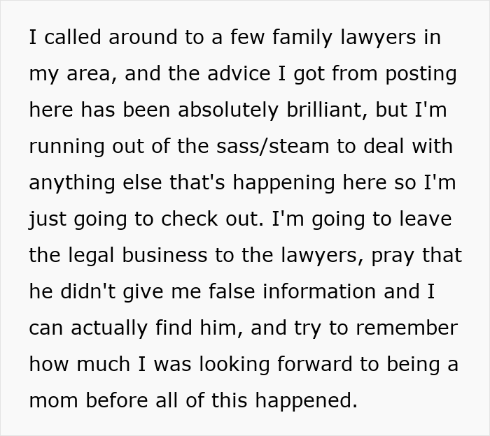 Text excerpt describing a woman dealing with legal advice after discovering boyfriend’s secret wife days before birth. Text excerpt describing a woman dealing with legal advice after discovering boyfriend’s secret wife days before birth.