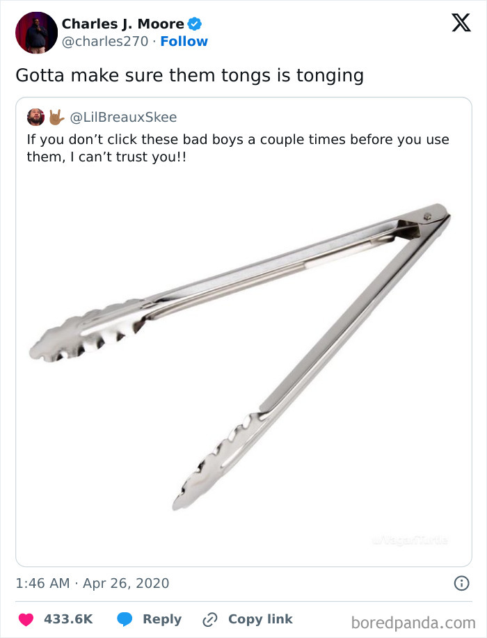 Relatable hospitality meme showing the importance of clicking tongs before use, highlighting humor in working in hospitality.