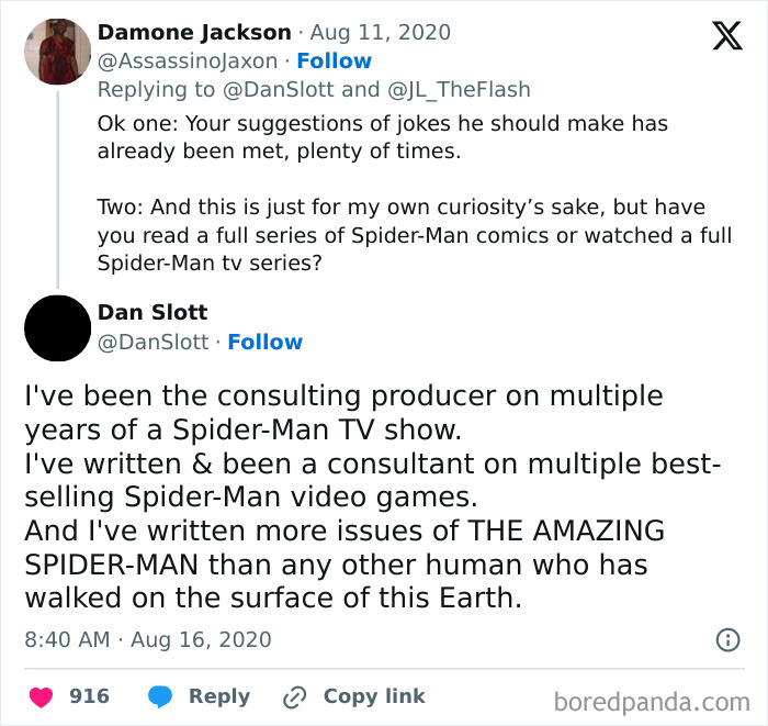 Twitter conversation where user is unaware they are speaking to Spider-Man writer Dan Slott, highlighting hilarious online misunderstandings.