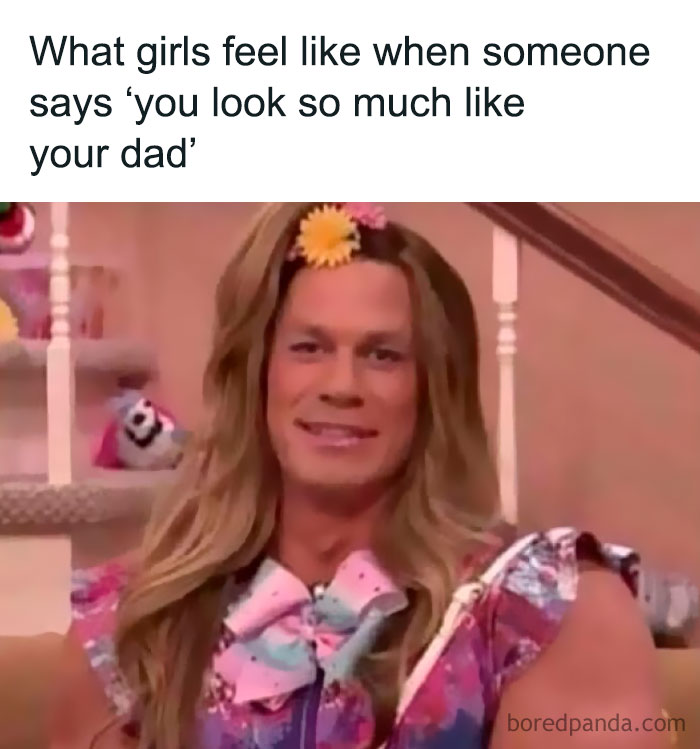 Man with muscular arms dressed as a girl, captioned about girls feeling when told they look like their dad, meme from Daily Laughs.