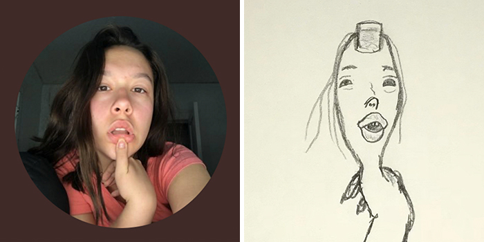 Profile pic makeover with a humorous drawing transformation by an artist.