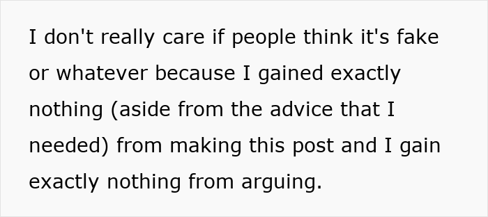 Text passage about someone reflecting on not caring if others think it's fake, emphasizing gaining advice and avoiding arguments, related to woman finding out about boyfriend’s secret wife before birth. Text passage about someone reflecting on not caring if others think it's fake, emphasizing gaining advice and avoiding arguments, related to woman finding out about boyfriend’s secret wife before birth.