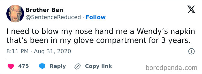 Screenshot of a humorous social media post illustrating relatable human experience with a worn napkin from a glove compartment.