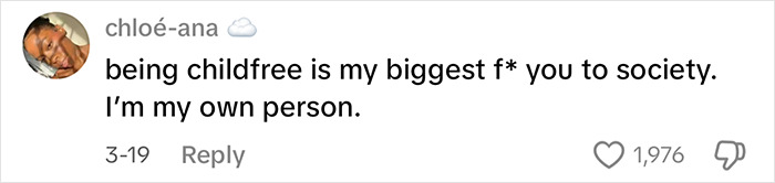 Screenshot of a social media comment from chloé-ana about being childfree and personal independence, gaining massive praise. Screenshot of a social media comment from chloé-ana about being childfree and personal independence, gaining massive praise.