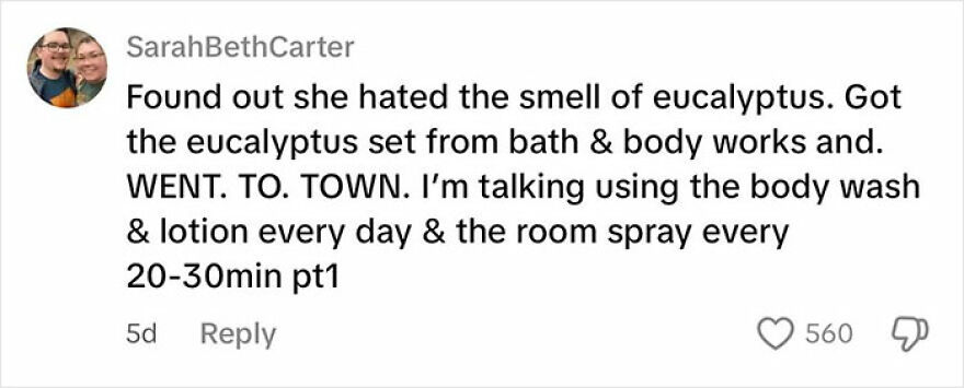 Social media comment showing a creative way people deal with toxic coworkers by using eucalyptus scent daily.