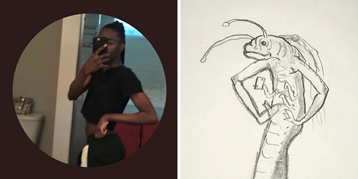 Profile pic makeover: person posing in mirror next to a humorous drawing of an insect with similar pose.