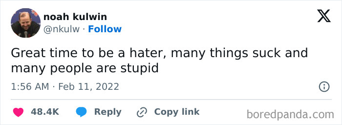 Screenshot of a relatable meme tweet by degrowth larry summers about being a hater in a frustrating world.
