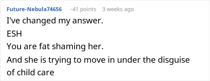 Screenshot of a discussion comment about a woman fat shaming her obese mom over babysitting concerns. Screenshot of a discussion comment about a woman fat shaming her obese mom over babysitting concerns.