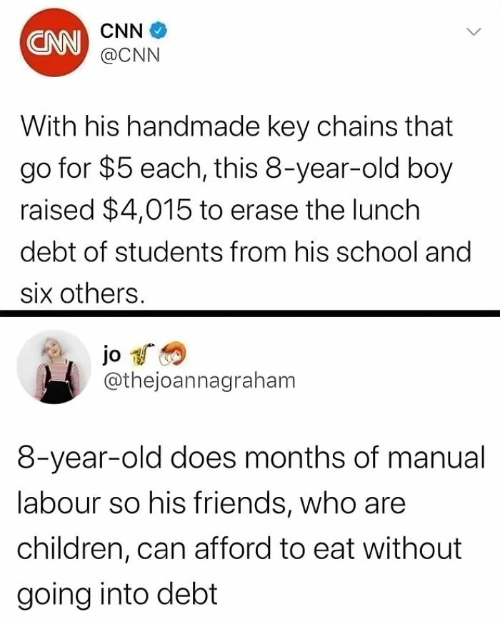 Screenshot of tweets about an 8-year-old raising money to erase student lunch debt, highlighting facepalm moments.