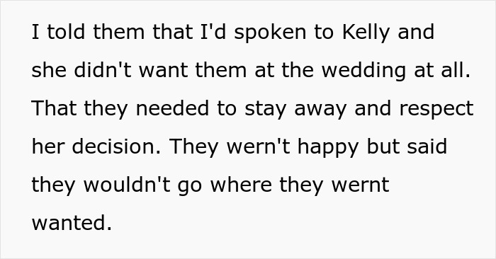 Text excerpt from a couple upset as their daughter refuses to invite bully brother to wedding and kicks them out. Text excerpt from a couple upset as their daughter refuses to invite bully brother to wedding and kicks them out.