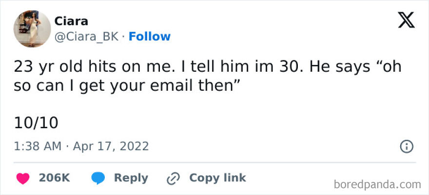 Tweet from a comedian humorously describing a 23-year-old hitting on her and asking for her email after learning her age.