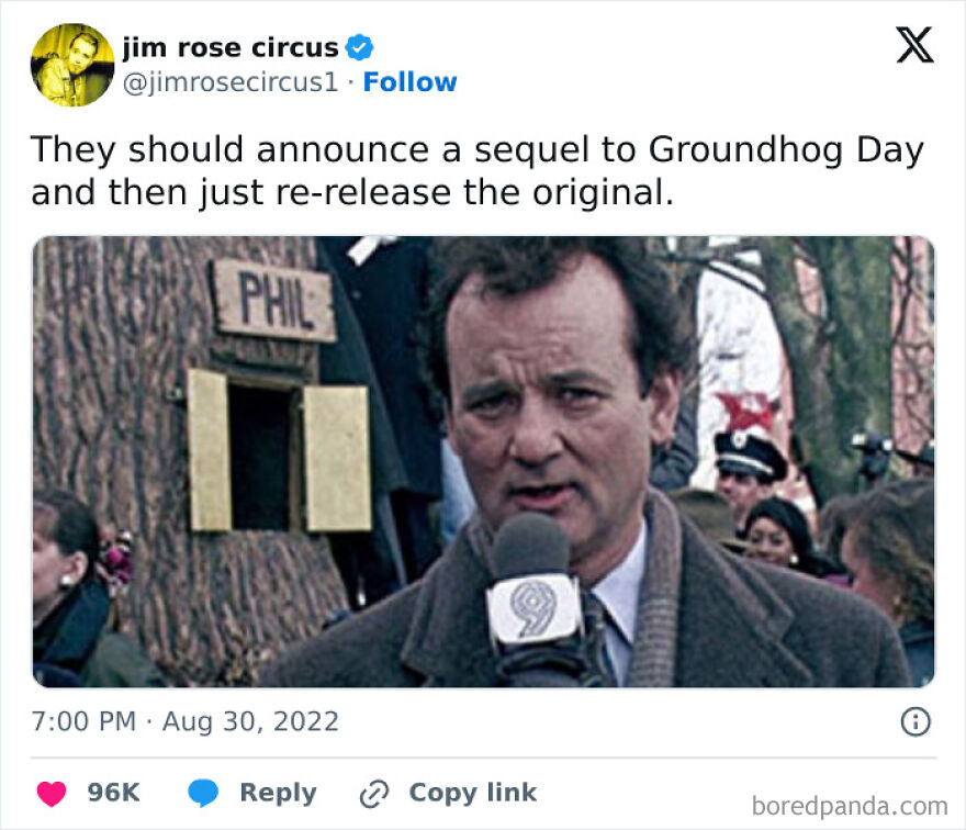 Twitter post from a comedian sharing a funny Groundhog Day joke with an image of Bill Murray reporting outdoors.