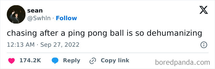 Tweet about the human experience describing the feeling of chasing after a ping pong ball as dehumanizing.
