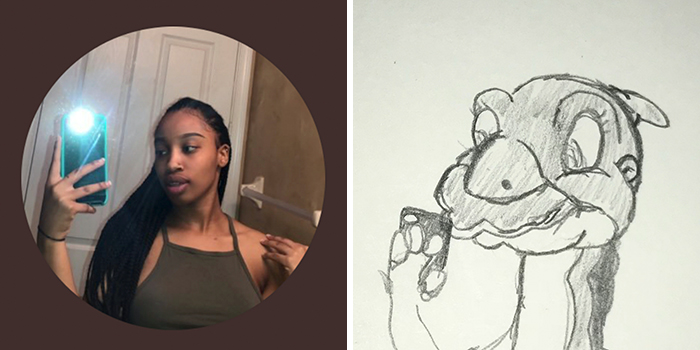 Profile pic on left, humorous drawing on right with cartoon character pose, part of artist's makeover series.