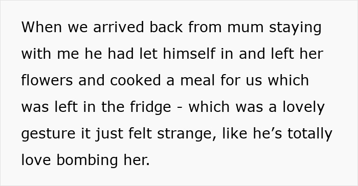 Text excerpt showing a daughter describing red flags during her grieving mom’s new romance and feeling uneasy about his gestures.
