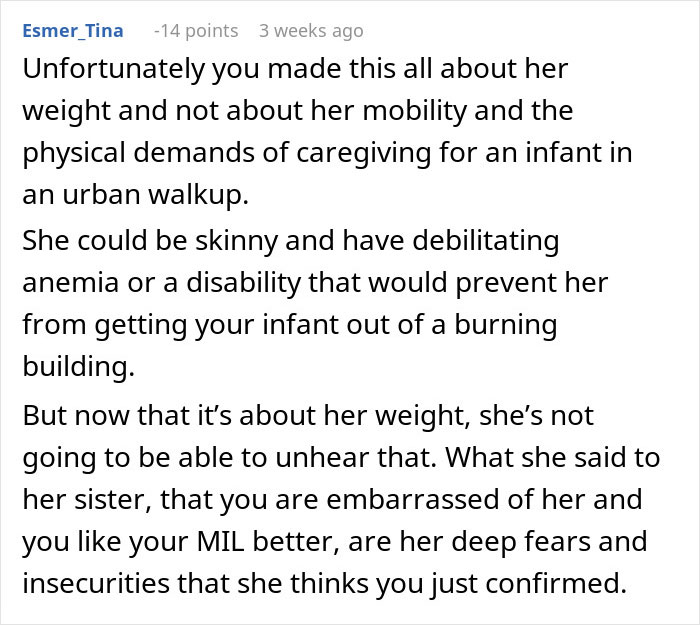 Comment discussing concerns about mobility versus weight in the woman who won’t let obese mom babysit newborn. Comment discussing concerns about mobility versus weight in the woman who won’t let obese mom babysit newborn.