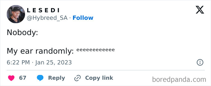 Tweet showing a humorous meme about random ear noises, reflecting relatable human experience moments.