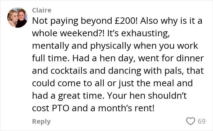 Comment from Claire discussing the cost and exhaustion of paying for hen parties amid internet debates on the topic. Comment from Claire discussing the cost and exhaustion of paying for hen parties amid internet debates on the topic.