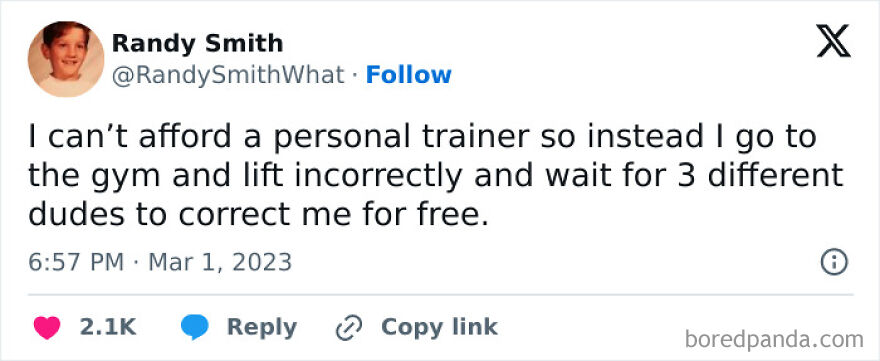 Tweet from comedian Randy Smith humorously describing lifting incorrectly at the gym and waiting for free correction.