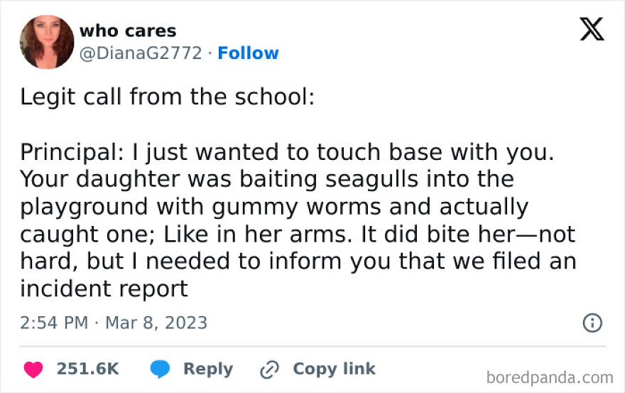 Funny Twitter post from comedian about a school incident with a daughter baiting seagulls using gummy worms.