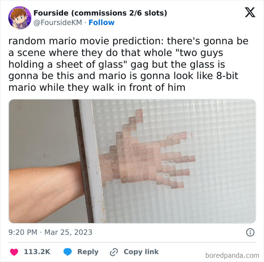 Tweet from comedian sharing a funny Mario movie prediction with a pixelated hand behind textured glass.