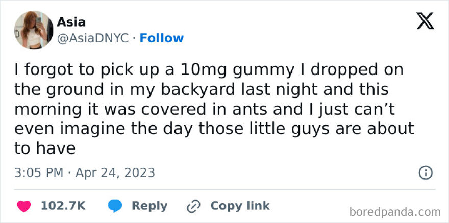 Tweet from comedian Asia humorously recalling a gummy drop covered in ants, showcasing funny posts shared online.