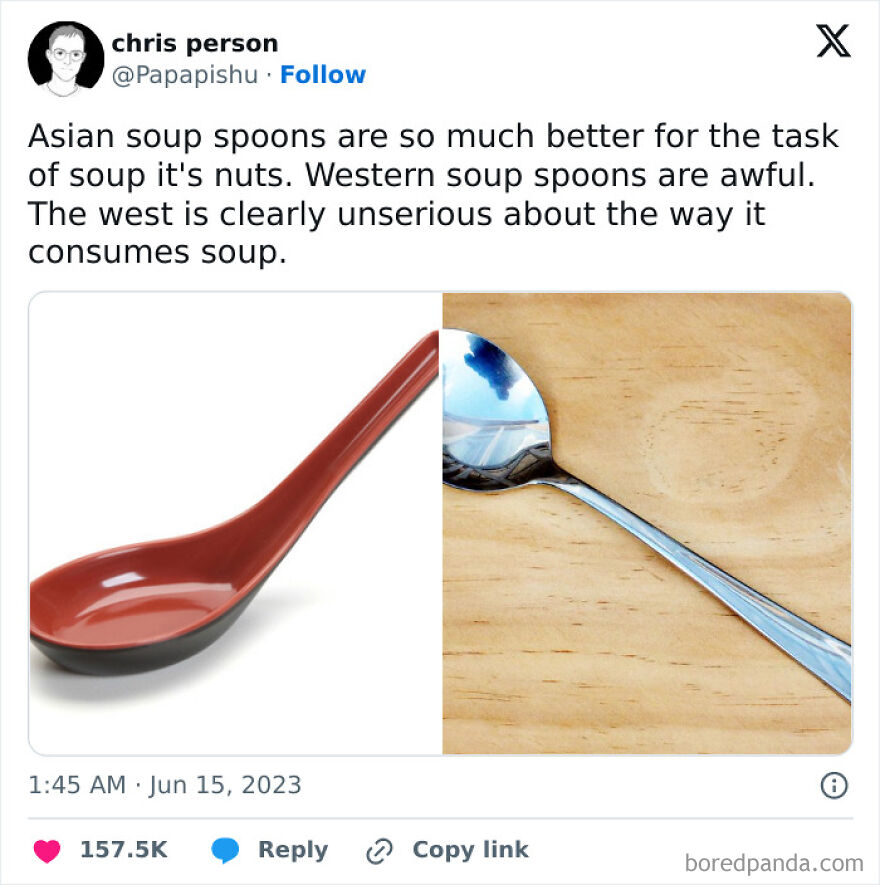 Twitter post from a comedian comparing Asian and Western soup spoons with a humorous take on cultural differences in soup consumption.