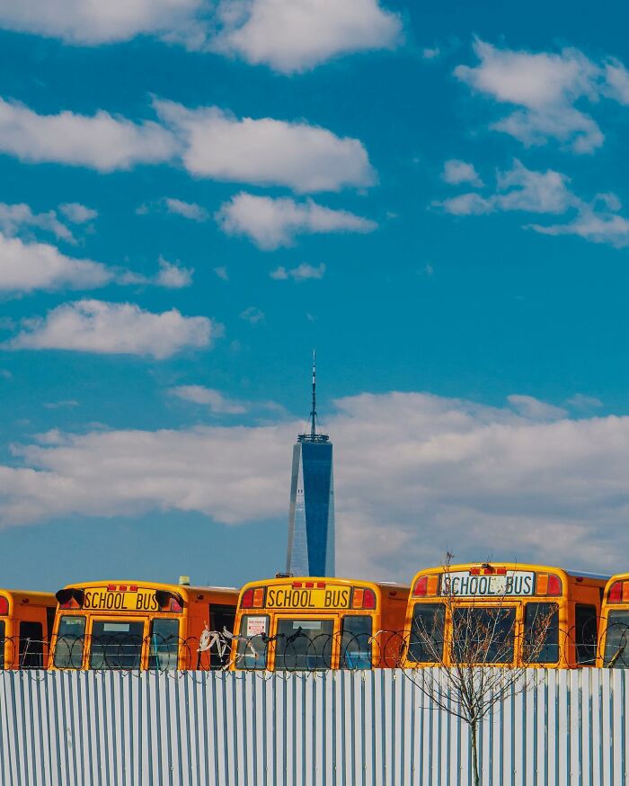 Yellow school buses lined up behind a fence under a blue sky with clouds, featuring creative photo manipulation.