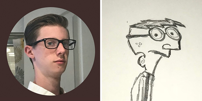 Profile pic with humorous drawing makeover, featuring a young person in glasses and its cartoonish sketch.