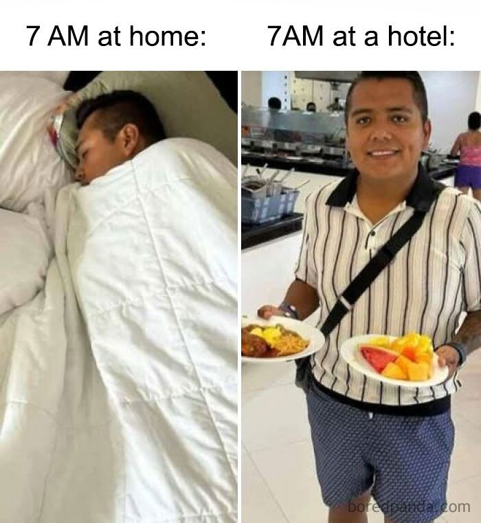 Man sleeping at home versus smiling and holding breakfast plates at a hotel, relatable sarcastic meme about morning routines.