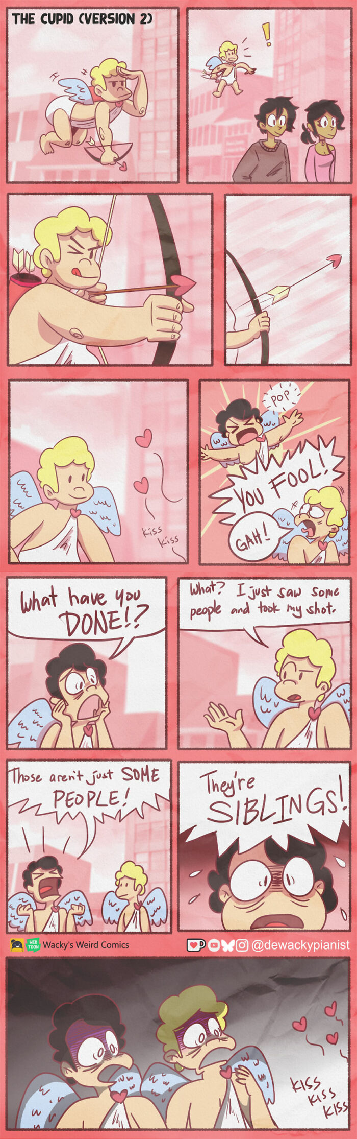 Comic of chaotic cupids causing hilariously awkward love arrow mishaps in a funny and chaotic comic strip by the artist.