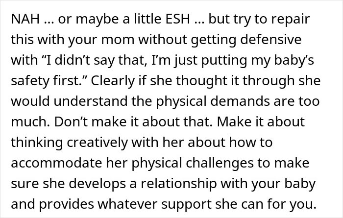 Text excerpt discussing concerns about physical demands of babysitting for obese mom and planning support for newborn care. Text excerpt discussing concerns about physical demands of babysitting for obese mom and planning support for newborn care.