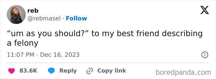 Screenshot of a tweet showing a relatable “shower feels” moment with casual text about describing a felony to a best friend.