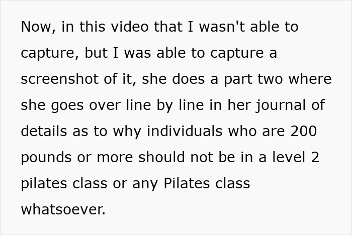 Screenshot of text discussing why individuals 200 lbs and over should not attend Pilates or level 2 Pilates classes. Screenshot of text discussing why individuals 200 lbs and over should not attend Pilates or level 2 Pilates classes.