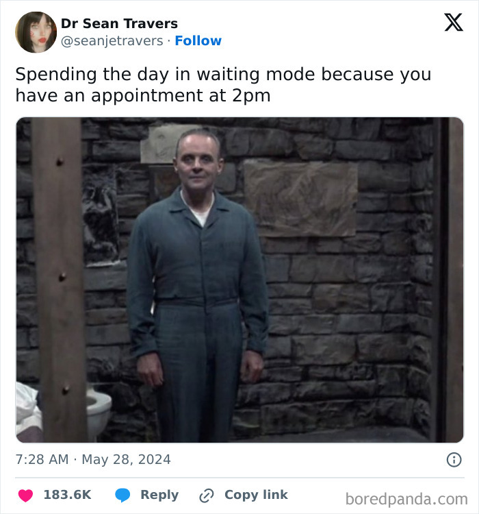 Man in jumpsuit standing against stone wall, illustrating human experience waiting humor in relatable meme.