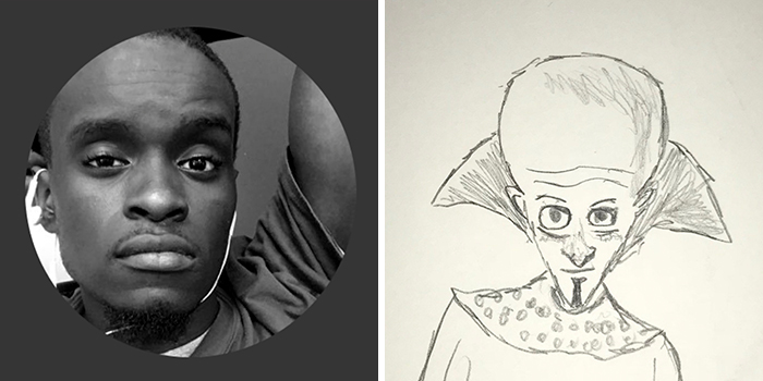 A humorous makeover of a profile pic, showing a drawing with exaggerated vampire-like features.