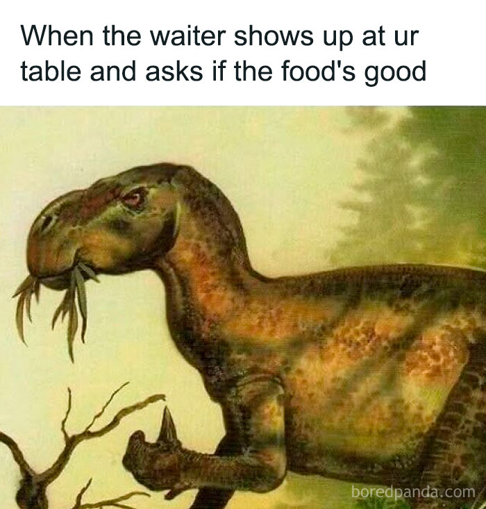 Dinosaur meme showing sarcastic expression when waiter asks if the food is good, reflecting hilariously sarcastic memes.