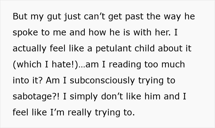 Text about a daughter feeling uneasy and doubtful about her grieving mom’s new romance during a first visit.