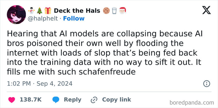 Funny Twitter post from comedians about AI models collapsing due to poor training data shared online.