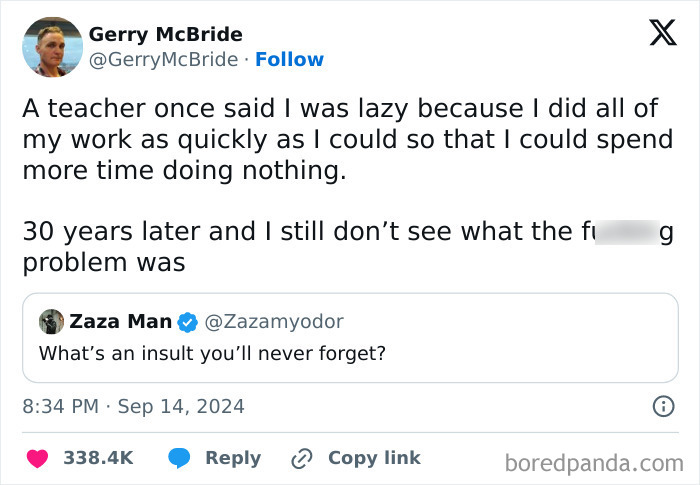 Social media meme reflecting nostalgia 4 millennials with a humorous take on a teacher’s insult from the ’80s or ’90s.