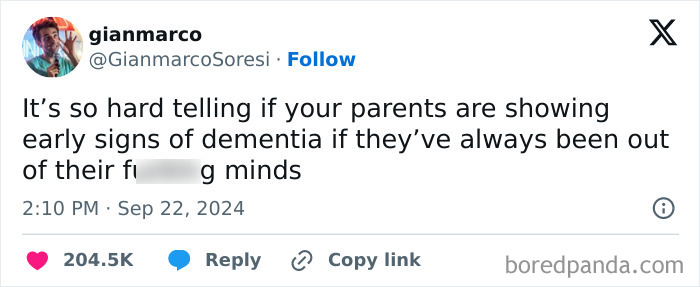 Tweet about the difficulty of recognizing early dementia signs, reflecting relatable shower feels and personal family struggles.