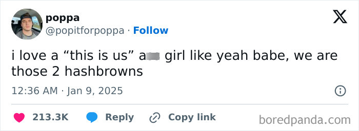 Screenshot of a relatable tweet expressing shower feels humor with a casual, funny comment about identity and food.