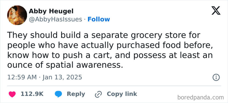 Tweet from a comedian humorously suggesting a separate grocery store for people with shopping skills and spatial awareness.