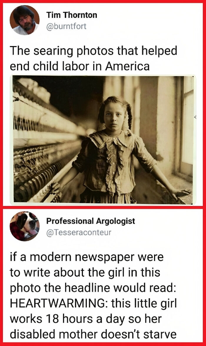 Historic photo of a child laborer in America contrasted with modern facepalm moments showing lack of common sense.