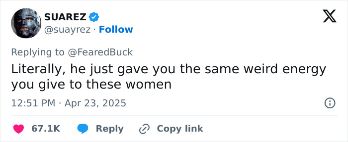 Tweet from user Suarez replying to a comment about a creepy influencer secretly filming woman with smart glasses. Tweet from user Suarez replying to a comment about a creepy influencer secretly filming woman with smart glasses.