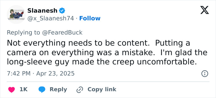Tweet discussing a hero confronting a creepy influencer secretly filming a woman with smart glasses, criticizing constant recording. Tweet discussing a hero confronting a creepy influencer secretly filming a woman with smart glasses, criticizing constant recording.