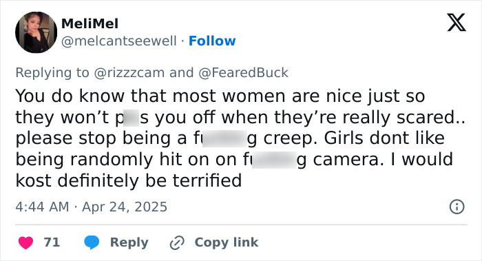 Tweet warning about creepy influencer secretly filming women with smart glasses, urging respect and calling out inappropriate behavior. Tweet warning about creepy influencer secretly filming women with smart glasses, urging respect and calling out inappropriate behavior.