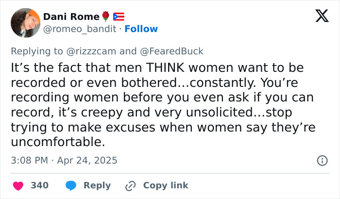 Tweet addressing creepy influencer behavior of secretly filming women with smart glasses and public confrontation. Tweet addressing creepy influencer behavior of secretly filming women with smart glasses and public confrontation.