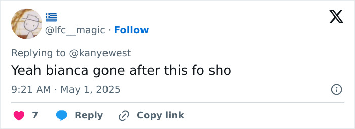 Screenshot of a social media reply discussing Kanye West being subservient to Bianca Censori. Screenshot of a social media reply discussing Kanye West being subservient to Bianca Censori.