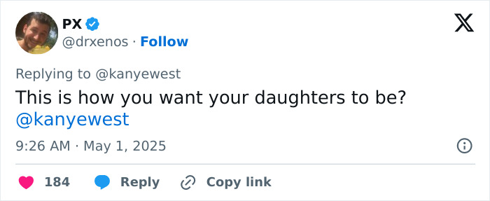 Screenshot of a Twitter reply to Kanye West questioning how he wants his daughters to be, related to subservient master topic. Screenshot of a Twitter reply to Kanye West questioning how he wants his daughters to be, related to subservient master topic.